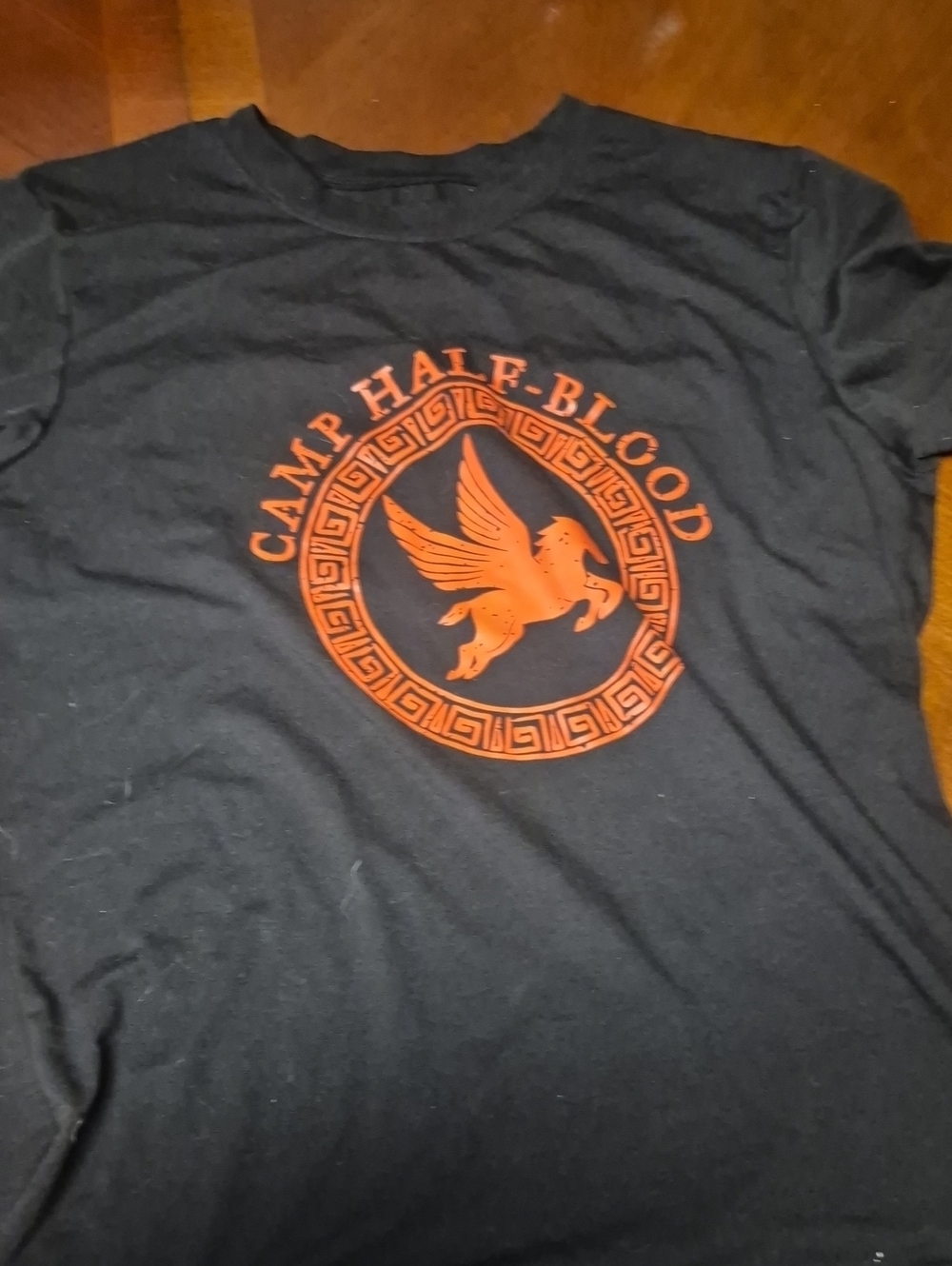 Camp Half-Blood Black Short-Sleeve Tee with Orange Pegasus Graphic